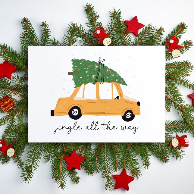Carte Jingle tout le long mignon plié noir Noël (Jingle all the Way Car and Christmas Tree Holiday Card Blank Illustrated Non Photo Card for Work)