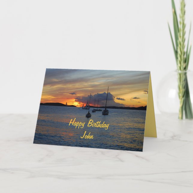 Carte John Happy Birthday Bateaux à voile au coucher du  (Devant)