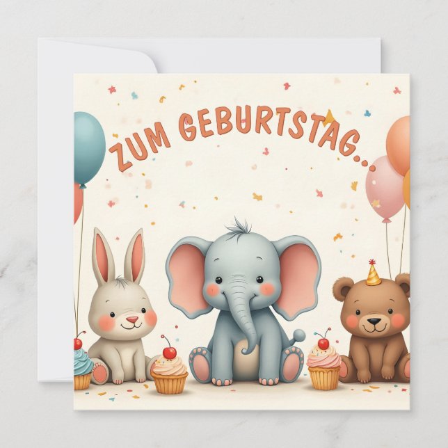 Carte Joie d'anniversaire avec des amis animaux (Devant)