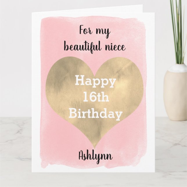 Carte Joli 16e anniversaire rose et or pour ma nièce (Devant)