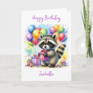 Carte Joli anniversaire au Raccoon caricaturé à l'aquare