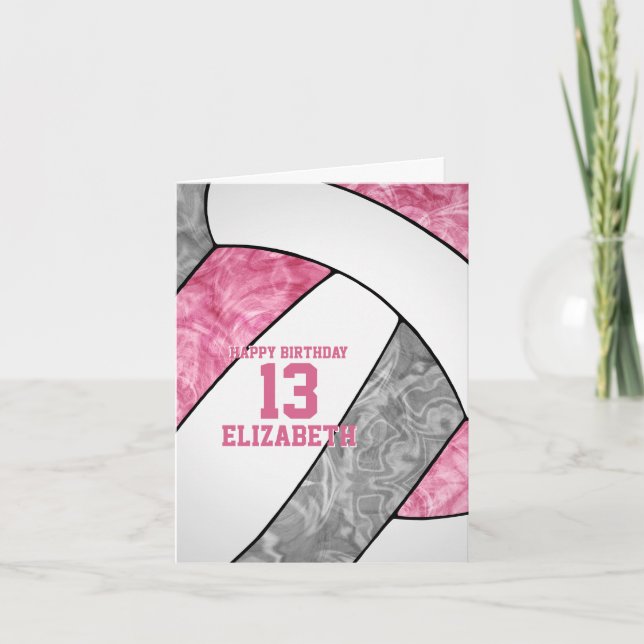Carte joli anniversaire de volley-ball rose gris (Devant)