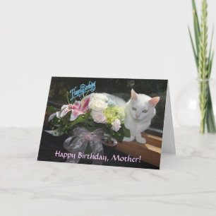 Carte Joli anniversaire personnalisable de chat/fleurs