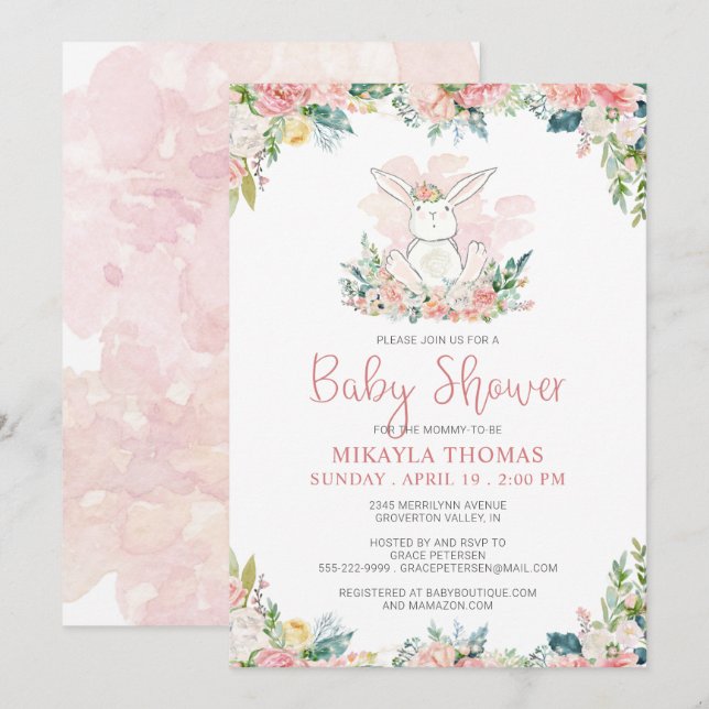 Carte Joli Baby shower Floral Boisé Rose (Devant / Derrière)