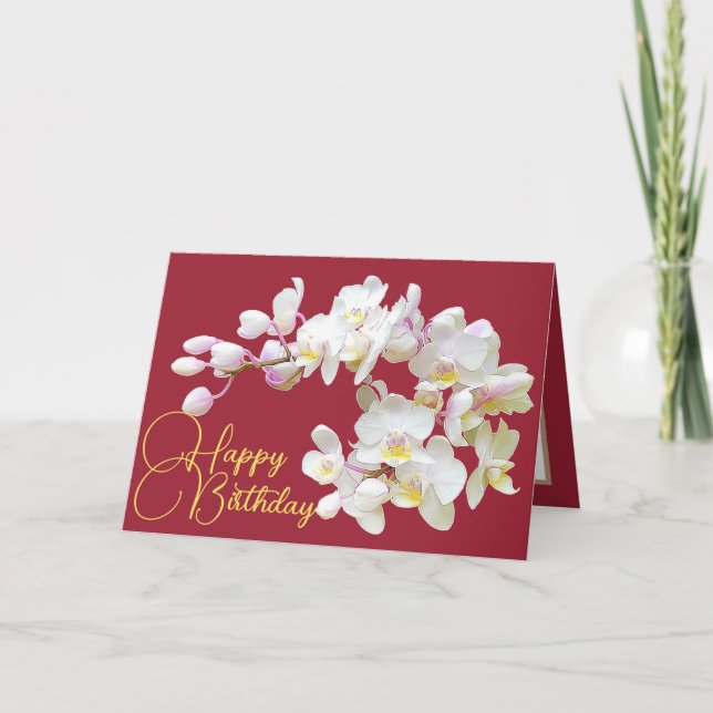 Carte Joli blanc orchidée rouge arrière-plan Joyeux anni (Devant)
