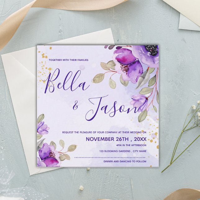 Carte Joli bleu violet Aquarelle Mariage Floral (Créateur téléchargé)