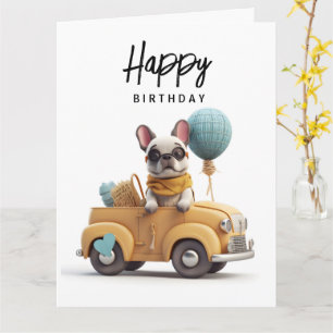 Carte Joli bouledogue français dans une voiture vintage 