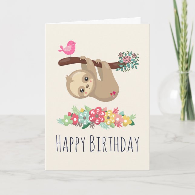 Carte Joli Brown Sloth penché à l'envers à l'anniversair (Devant)