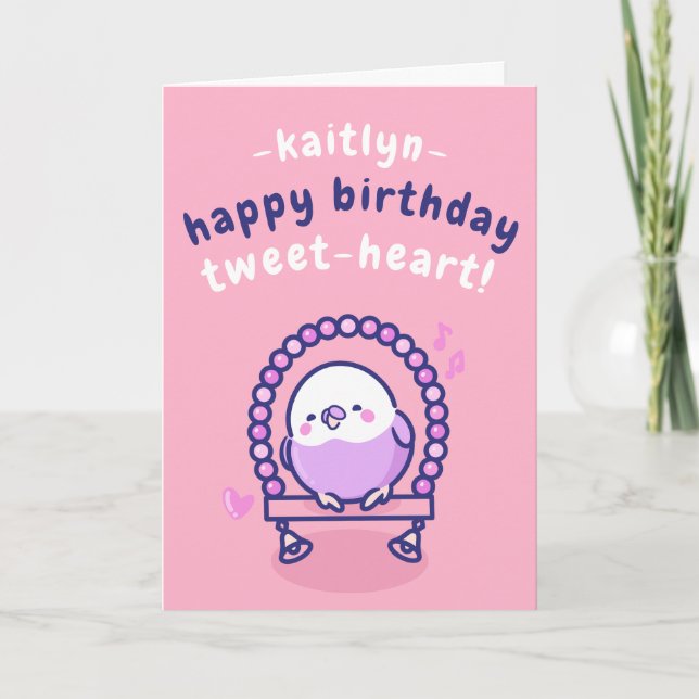 Carte Joli Cartoon rose Oiseau Doux Pun Anniversaire (Devant)