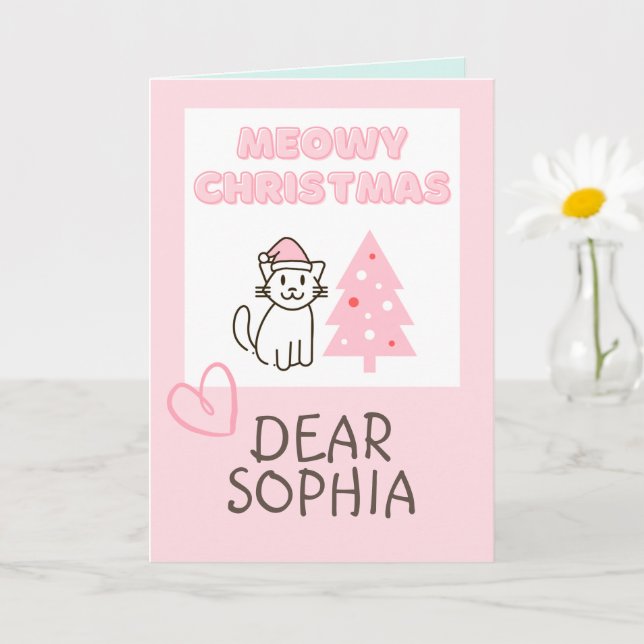 Carte Joli Chat avec Chapeau de Père Noël & Arbre Noël P (Petite plante)
