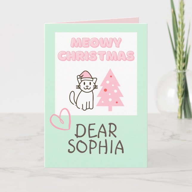 Carte Joli Chat dans un Chapeau & Arbre Joyeux Noël Past (Devant)