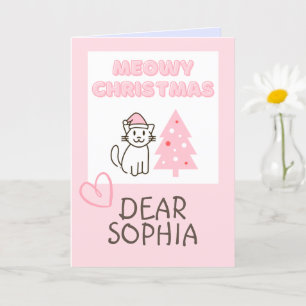 Carte Joli Chat en Chapeau de Père Noël & Arbre Meowy No