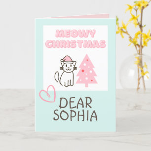 Carte Joli Chat en Chapeau de Père Noël & Arbre Meowy No