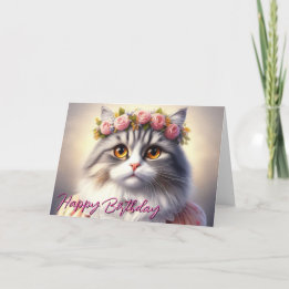 Carte Joli Chat en Robe et Couronne Anniversaire
