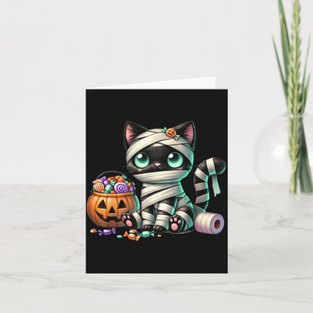 Carte Joli chat noir d'Halloween Citrouille Friandise ou (Devant)