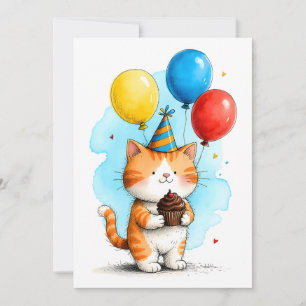 Carte Joli Chat Orange, Joyeux Anniversaire Cupcake Kid
