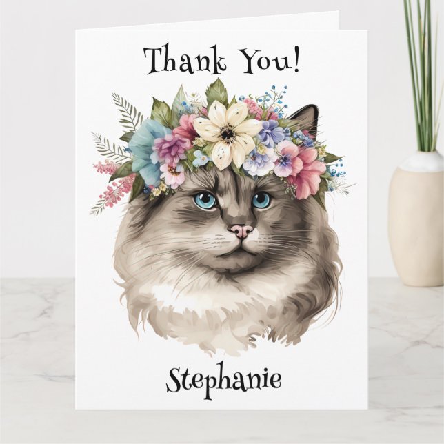 Carte Joli Chat Ragdoll Fleur Merci Personnalisé (Devant)