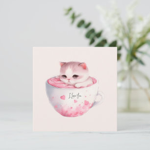 Carte Joli Chat Rose-Blanc dans une Tasse à Thé (3)