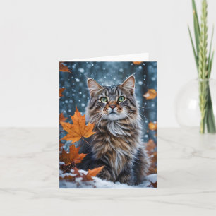 Carte Joli chat tabby gris automne feuilles blanc 