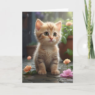 Carte Joli chat tigré orange assis parmi des fleurs blan