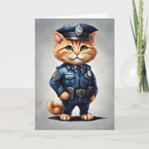 Carte Joli chat tigré orange en uniforme de police aquar