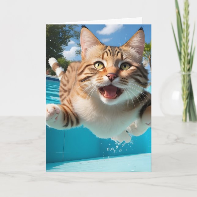 Carte Joli Chat Volant Piscine Plongeon Drôle Vide (Devant)