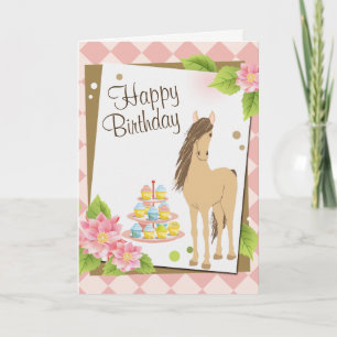 Carte Joli Cheval Brown et Fleurs Roses Joyeux Anniversa