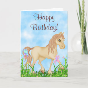 Carte Joli Cheval de Crème et Papillons Joyeux Anniversa