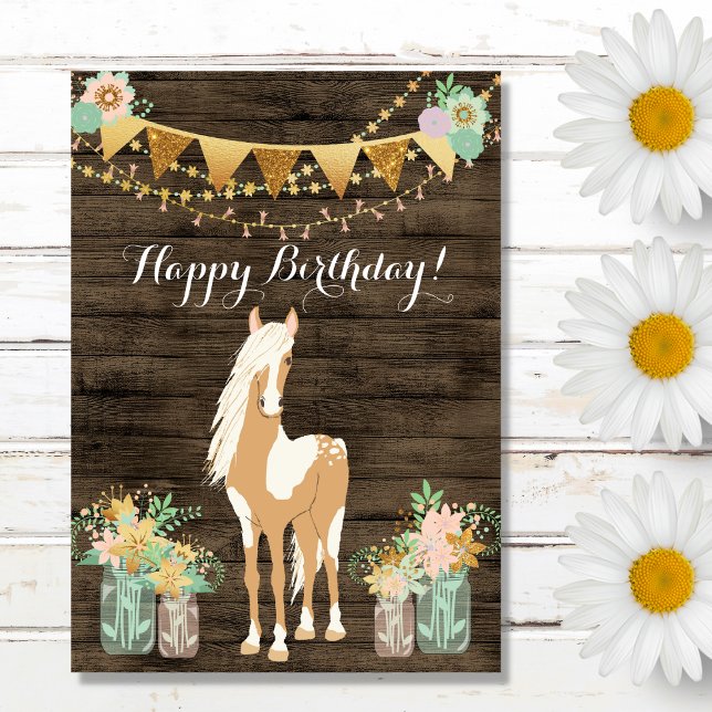 Carte Joli cheval et fleurs Bois rustique Anniversaire (Créateur téléchargé)