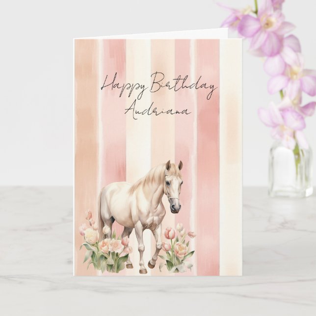 Carte Joli Cheval Fleur Anniversaire Crème Rose Pêche (Orchidée)