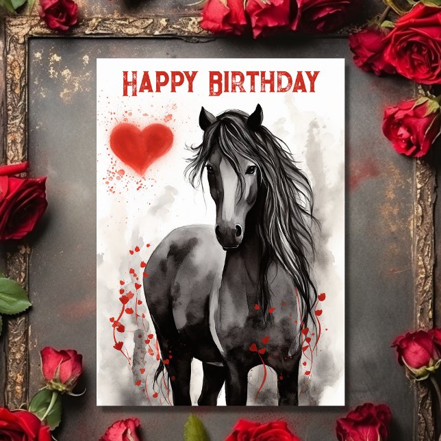 Carte Joli Cheval Noir et Coeurs Joyeux Anniversaire (Front - Pretty Black Horse and Hearts Happy Birthday Card
)