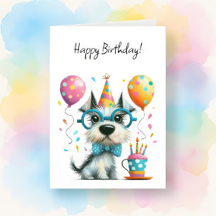 Carte Joli chien en lunettes et chapeau de fête d'annive