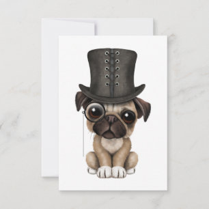 Carte Joli chiot Carlin avec Monocle et chapeau supérieu