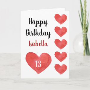Carte Joli Cœur Aquarelle Rouge 13e Anniversaire