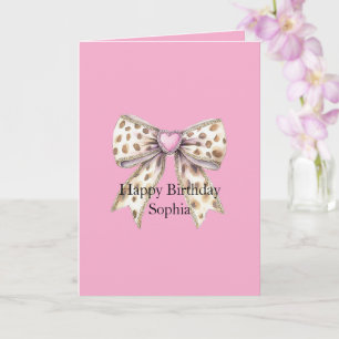 Carte Joli cœur rose léopard féminin nœud anniversaire