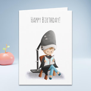 Carte Joli Coiffeur Girl Sèche-Cheveux Anniversaire