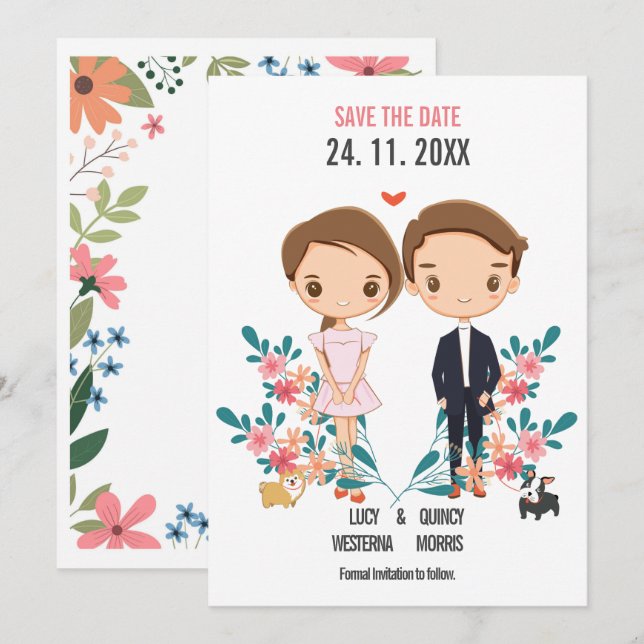 Carte Joli couple joli boho floral enregistrer la date (Devant / Derrière)