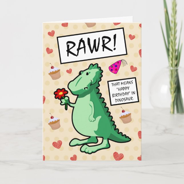 Carte Joli Dinosaure Dinosaur Fleur de Cartoon Joyeux An (Devant)