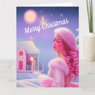 Carte Joli Élégant Rose Féminin Joyeux Noël