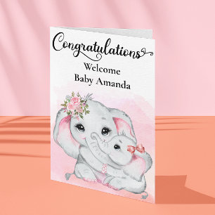 Carte Joli éléphant rose mère bébé félicitations 