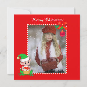 Carte Joli elfe de Noël et photo personnalisée en rouge