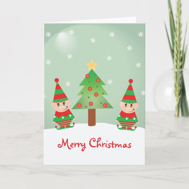 Carte Joli Elfe Et Arbre De Noël Avec Pneus À Neige (Devant)