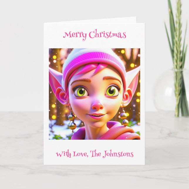 Carte Joli Elfe Rose Whimsical Noël personnalisé (Devant)
