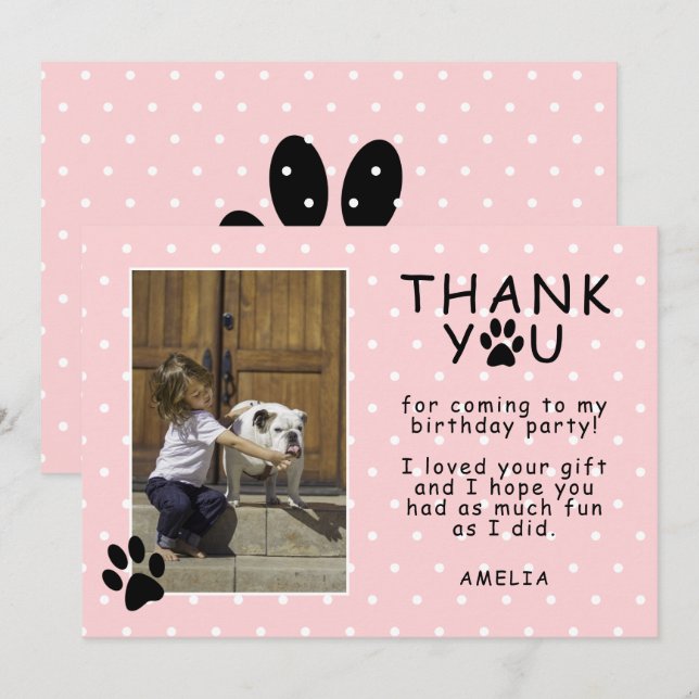 Carte Joli Empreinte de patte rose Merci d'anniversaire (Devant / Derrière)
