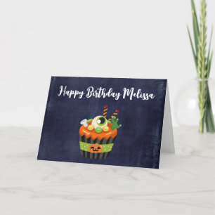 Carte Joli et effrayant cupcake d'Halloween avec un gros