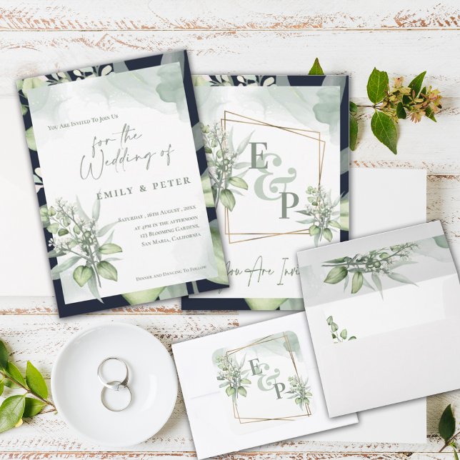 Carte Joli Eucalyptus Feuille Monogramme Mariage de verd (Créateur téléchargé)
