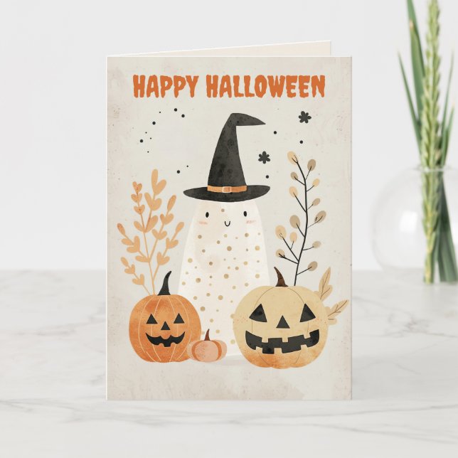 Carte Joli fantôme avec citrouilles Joyeux Halloween (Devant)