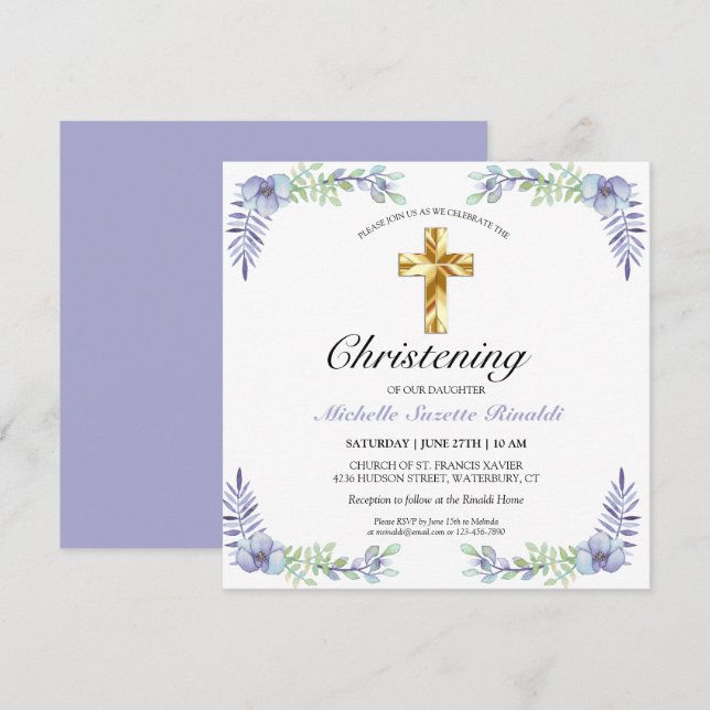 Carte Joli Gold Cross Lavender Floral Christening (Devant / Derrière)