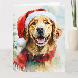 Carte Joli Golden Retriever dans une aquarelle de Santa 