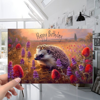 Carte Joli Hérisson au coucher du soleil avec fleurs Ann